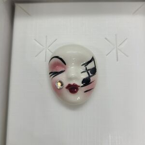 Vintage Fancy Faces Brooch Pin Handpainted Porcelain Mask Music Note Rhinestone